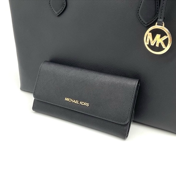 Michael Kors Bag Large Sheila Mf Tote Bag & Large Trifold Wallet Black/Gold - Picture 12 of 14